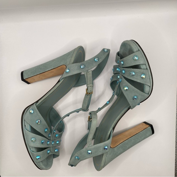 Gucci Jacquelyne Suede T-strap Heels with Crystal Accents - Picture 2 of 11